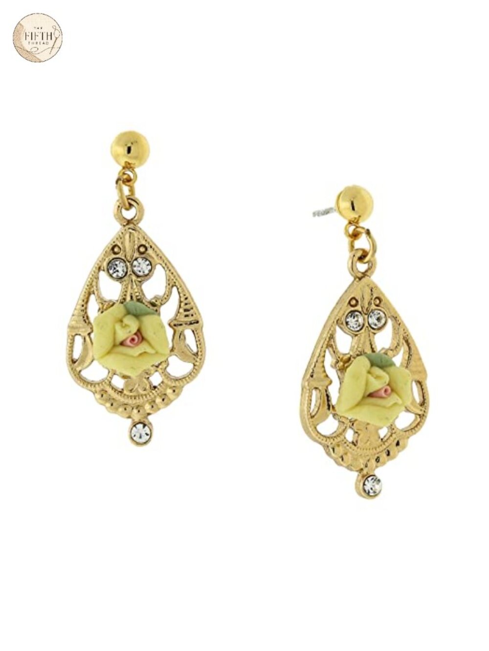 14K Gold Dipped Filigree Drop Earrings with Porcelain Rosebuds & Crystal Accents